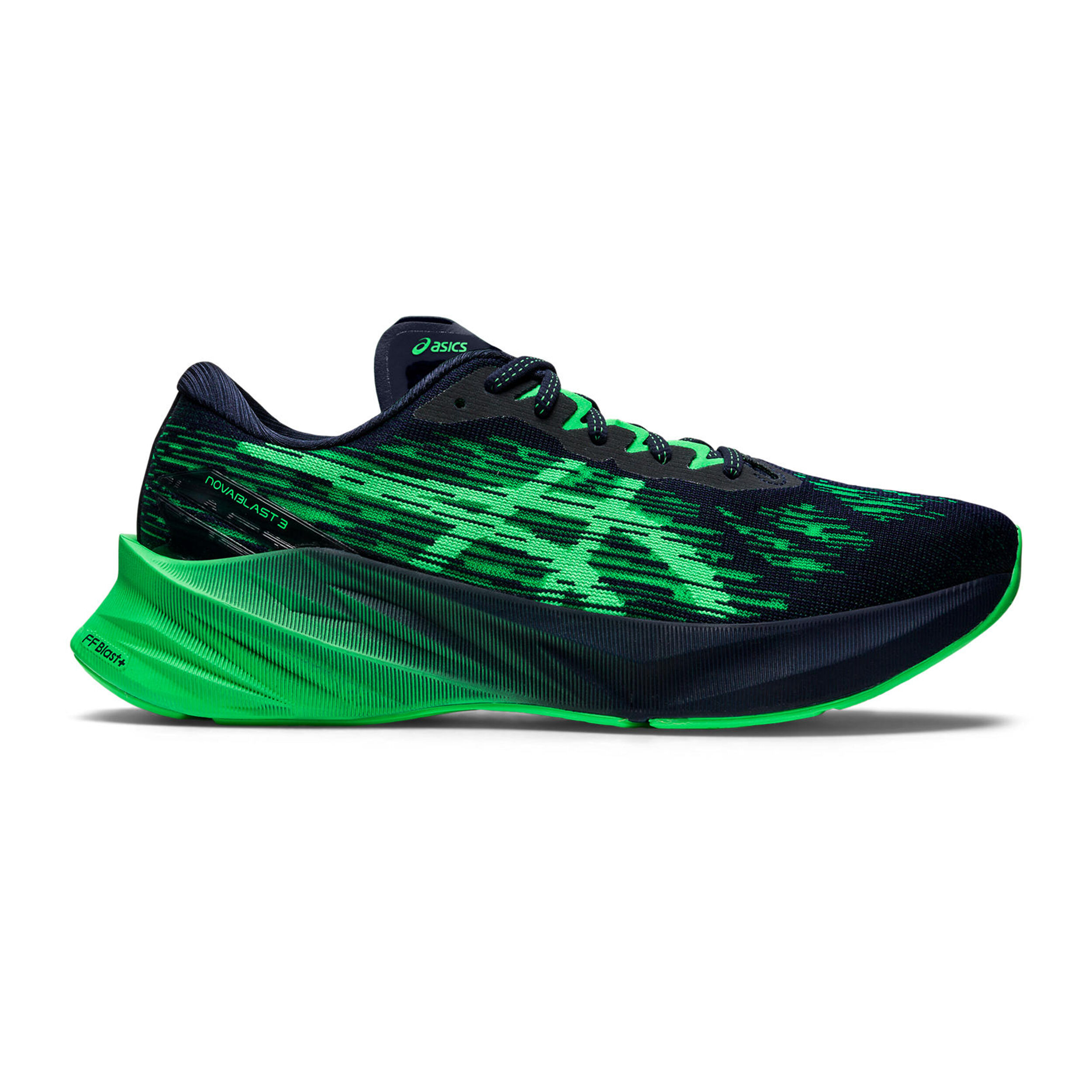Black and green asics running shoes top